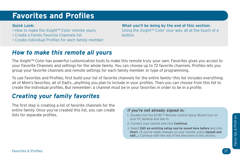 Favorites and profiles, Creating your family favorites, How to make this remote all yours | Acoustic Research ARRX15G User Manual | Page 37 / 48