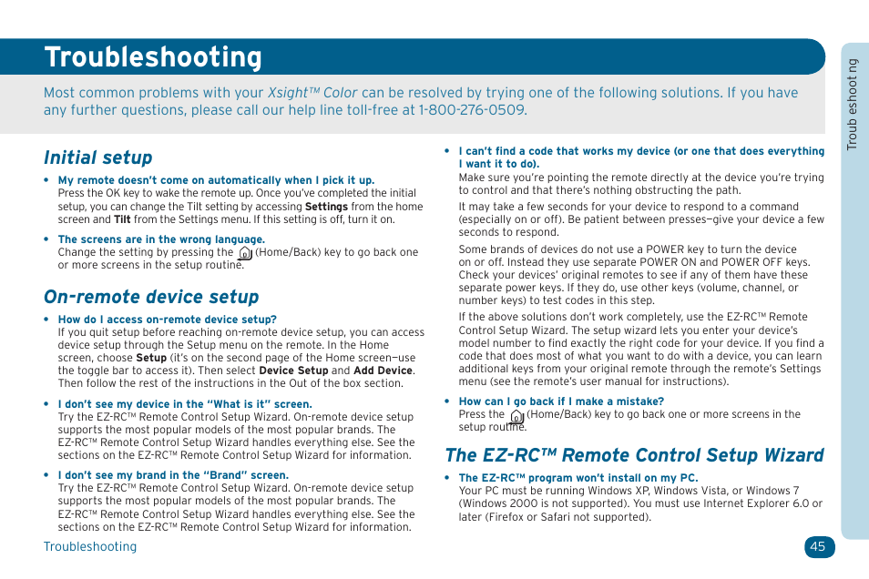 Troubleshooting, Initial setup, On-remote device setup | The ez-rc™ remote control setup wizard | Acoustic Research ARRX15G User Manual | Page 45 / 48