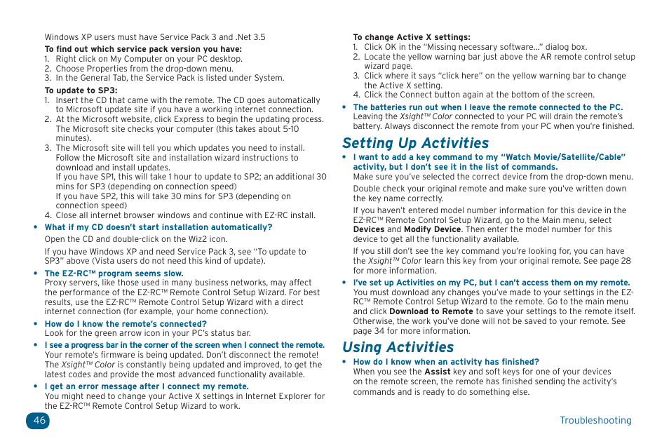 Setting up activities, Using activities | Acoustic Research ARRX15G User Manual | Page 46 / 48