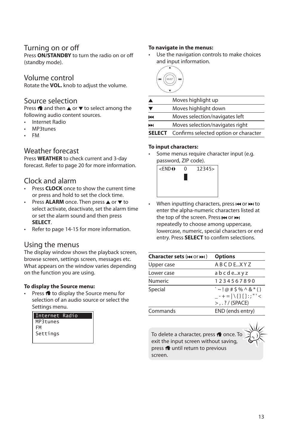 Turning on or off, Volume control, Source selection | Weather forecast, Clock and alarm, Using the menus | Acoustic Research ARIR150 User Manual | Page 14 / 28