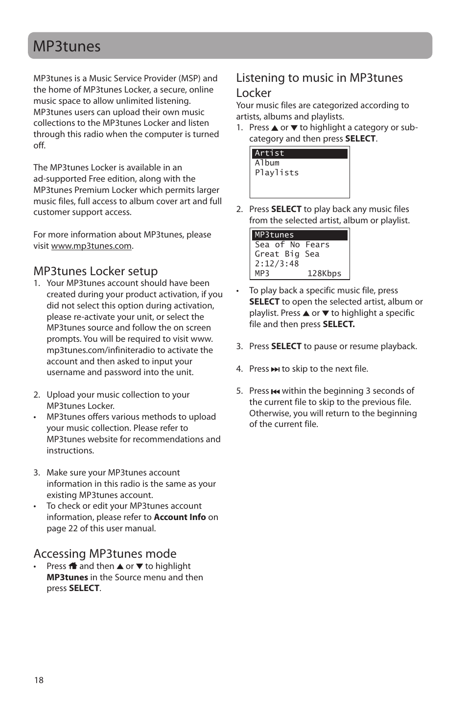 Mp3tunes, Mp3tunes locker setup, Accessing mp3tunes mode | Listening to music in mp3tunes locker | Acoustic Research ARIR150 User Manual | Page 19 / 28