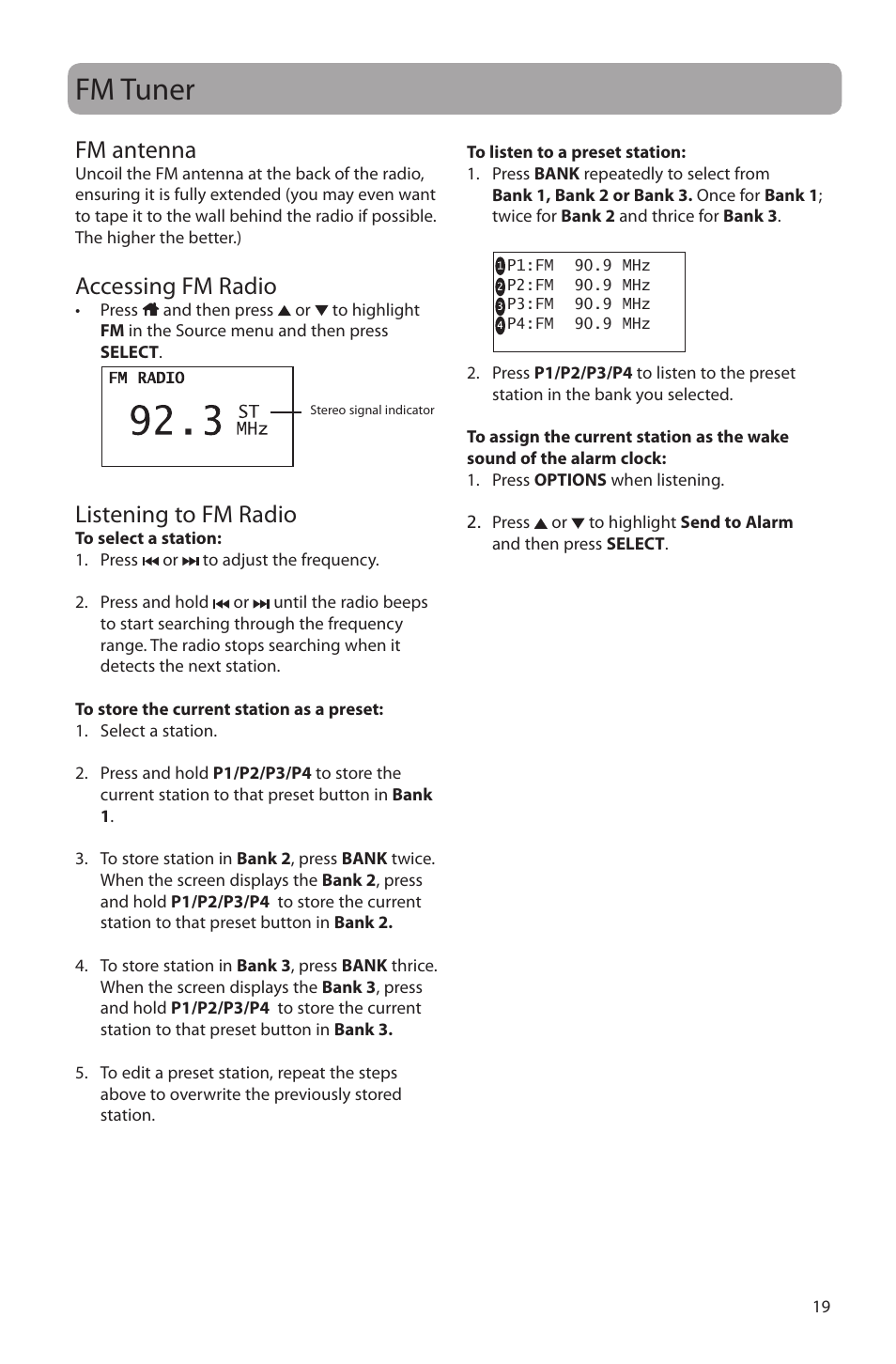 Fm tuner, Fm antenna, Accessing fm radio | Listening to fm radio | Acoustic Research ARIR150 User Manual | Page 20 / 28