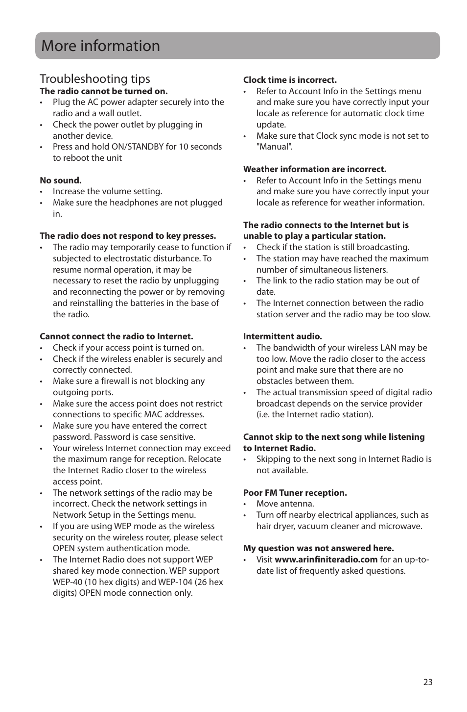 More information, Troubleshooting tips | Acoustic Research ARIR150 User Manual | Page 24 / 28