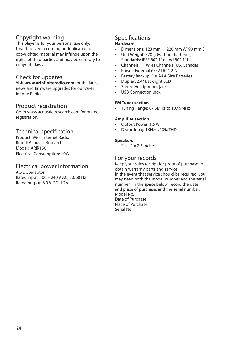 Copyright warning, Check for updates, Product registration | Technical specification, Electrical power information, Specifications, For your records | Acoustic Research ARIR150 User Manual | Page 25 / 28