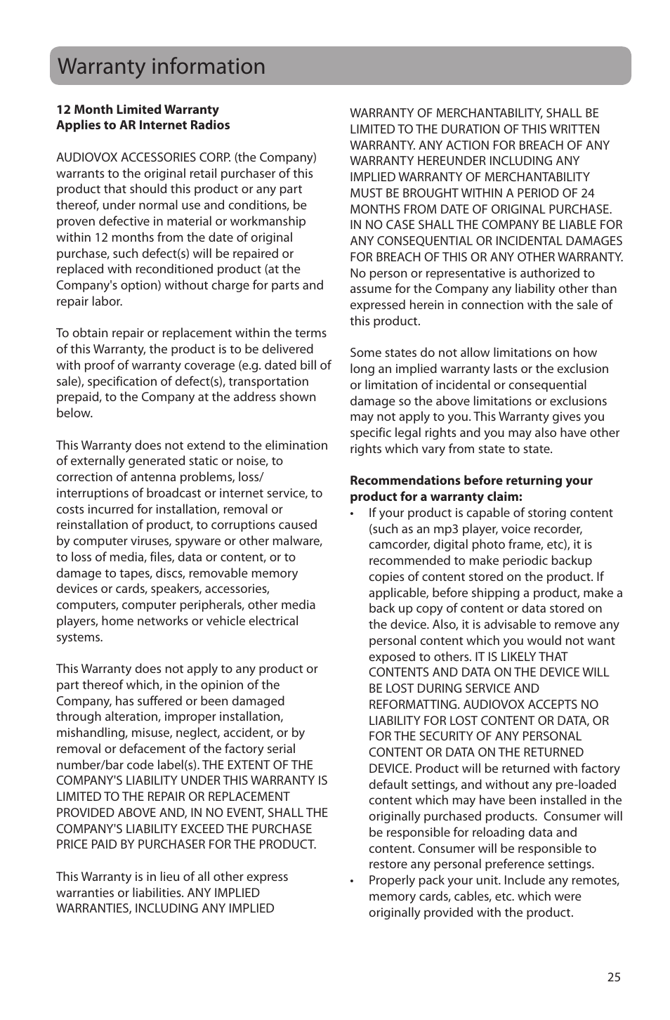 Warranty information, 12 month limited warranty | Acoustic Research ARIR150 User Manual | Page 26 / 28