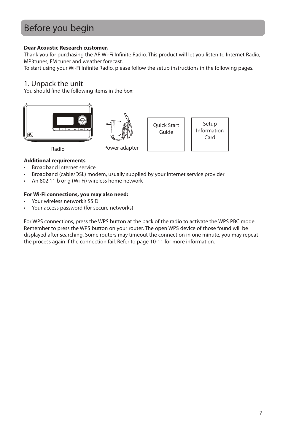 Before you begin, Unpack the unit | Acoustic Research ARIR150 User Manual | Page 8 / 28