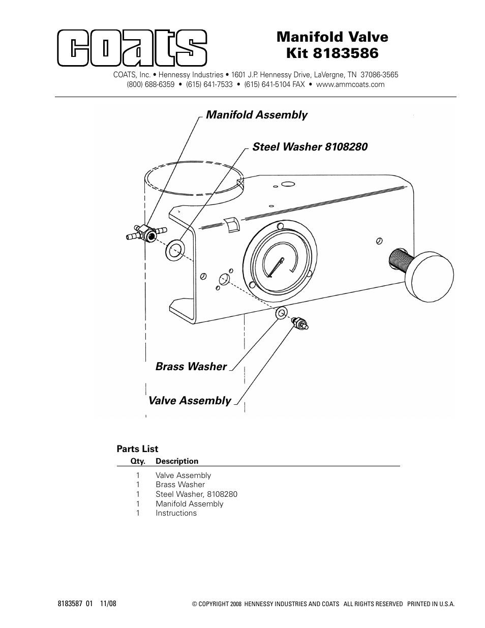 COATS Kit 8183586, Manifold Valve User Manual | 1 page