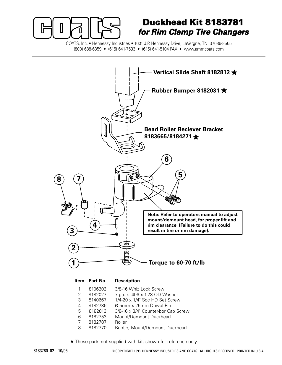 COATS Kit 8183781, Duckhead for Rim Clamp Tire Changers User Manual | 1 page