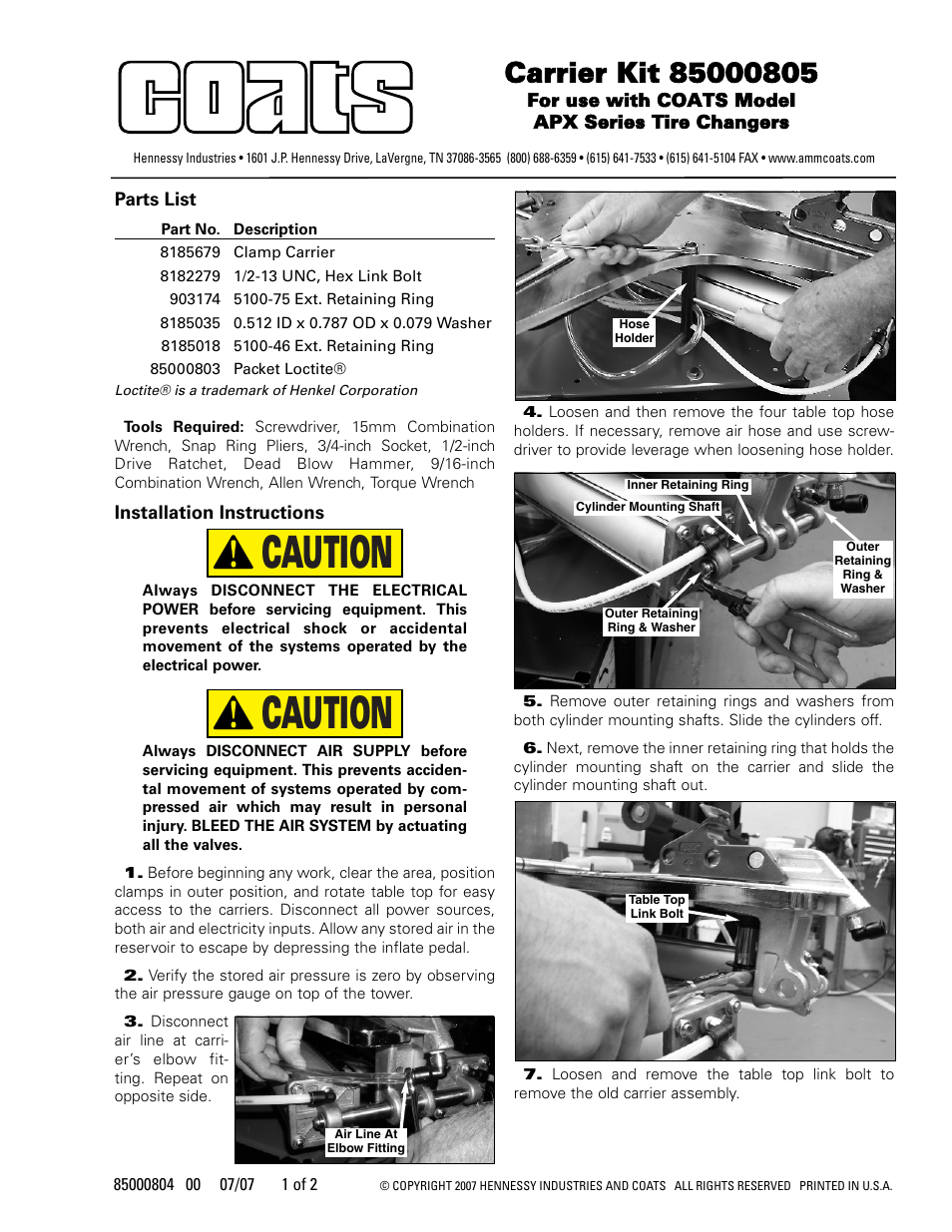 COATS Kit 85000805, Carrier User Manual | 2 pages