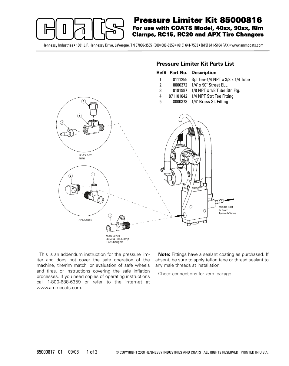 COATS Kit 85000816, Pressure Limiter User Manual | 2 pages