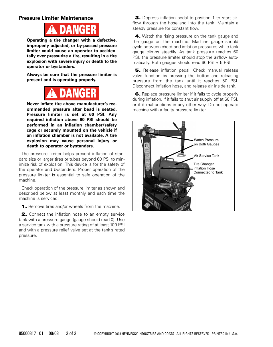 Danger | COATS Kit 85000816, Pressure Limiter User Manual | Page 2 / 2