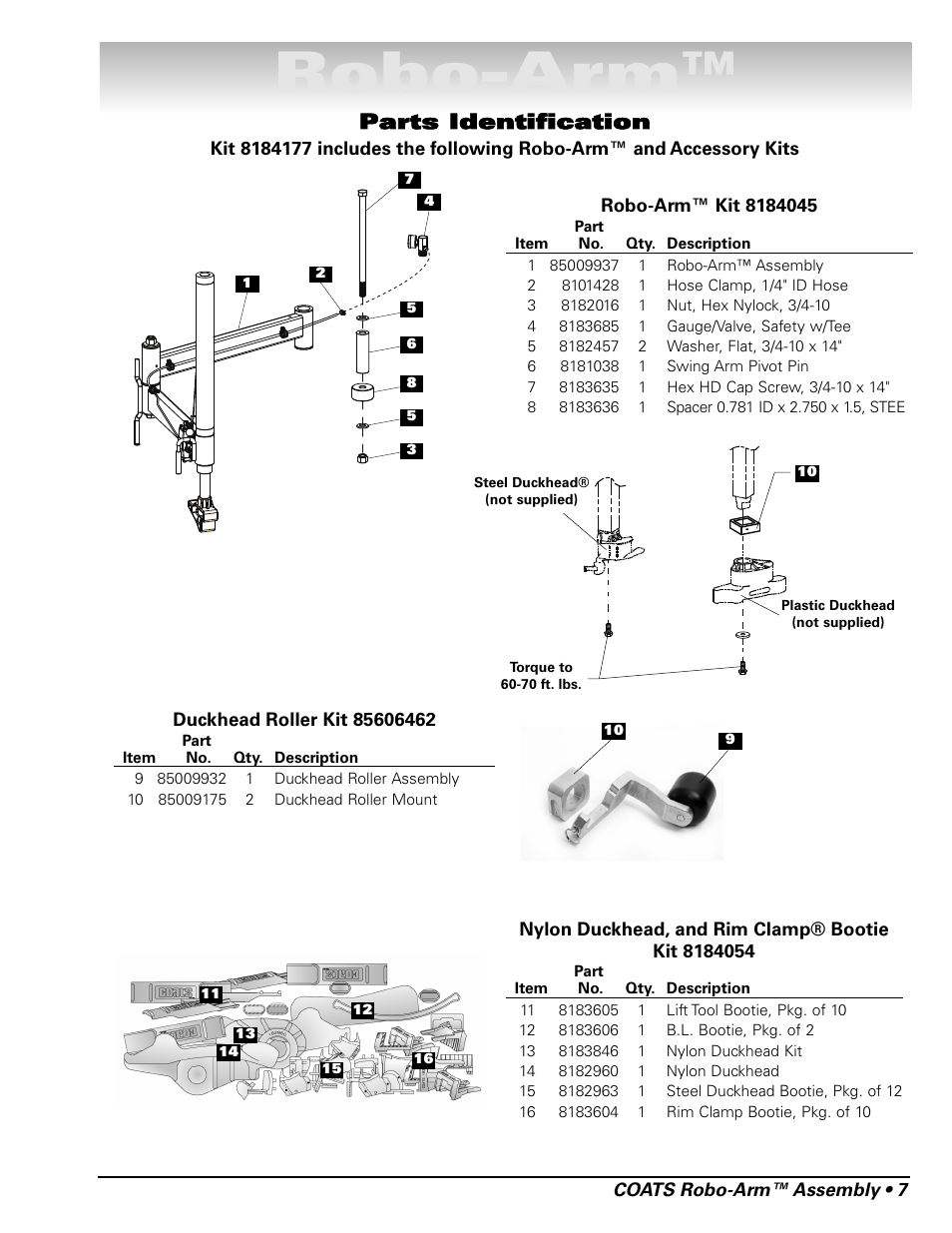 Robo-arm, Parts identification, Coats robo-arm™ assembly • 7 | COATS Kit 85009943 Robo-Arm and Accessory Kits User Manual | Page 7 / 8