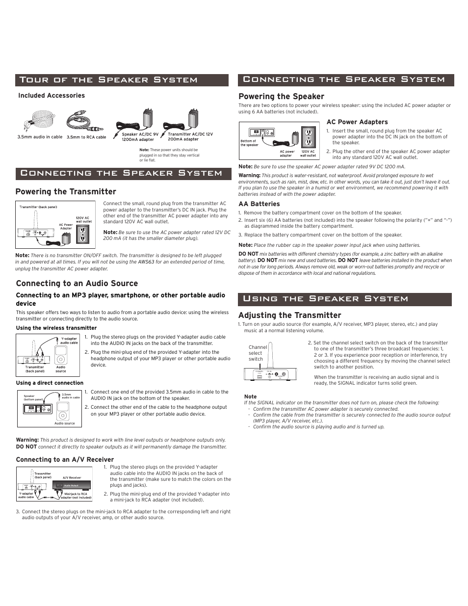 Wireless speaker w, Introduction, Important information | Tour of the speaker system, Connecting the speaker system, Ortable, Ith 3.5mm jack, Using the speaker system, Powering the transmitter, Powering the speaker | Acoustic Research Portable Wireless Speaker AWS63 User Manual | Page 2 / 4