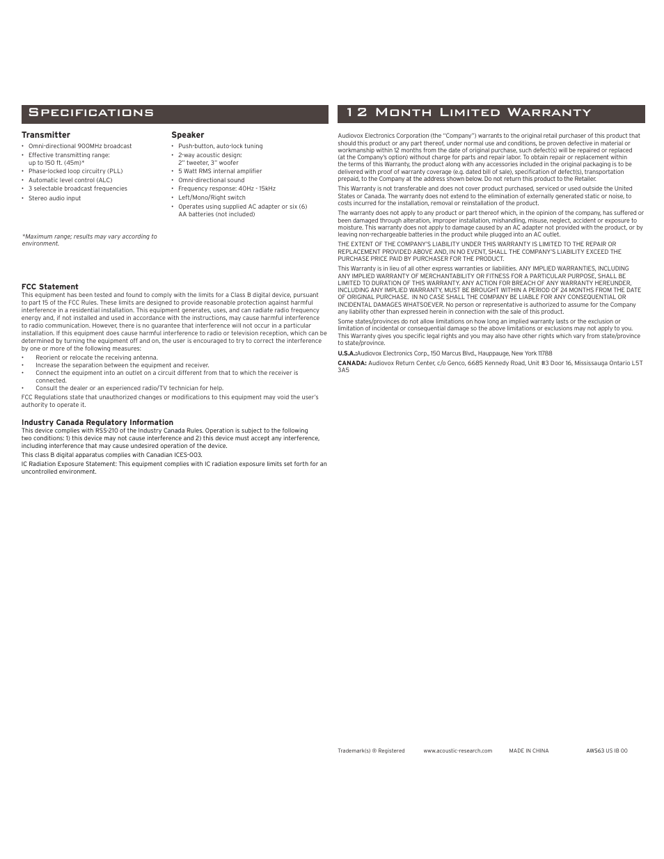 Troubleshooting, More helpful information, 12 month limited warranty specifications | Using the speaker system turning the speaker off, Adjusting the speaker, Power | Acoustic Research Portable Wireless Speaker AWS63 User Manual | Page 4 / 4