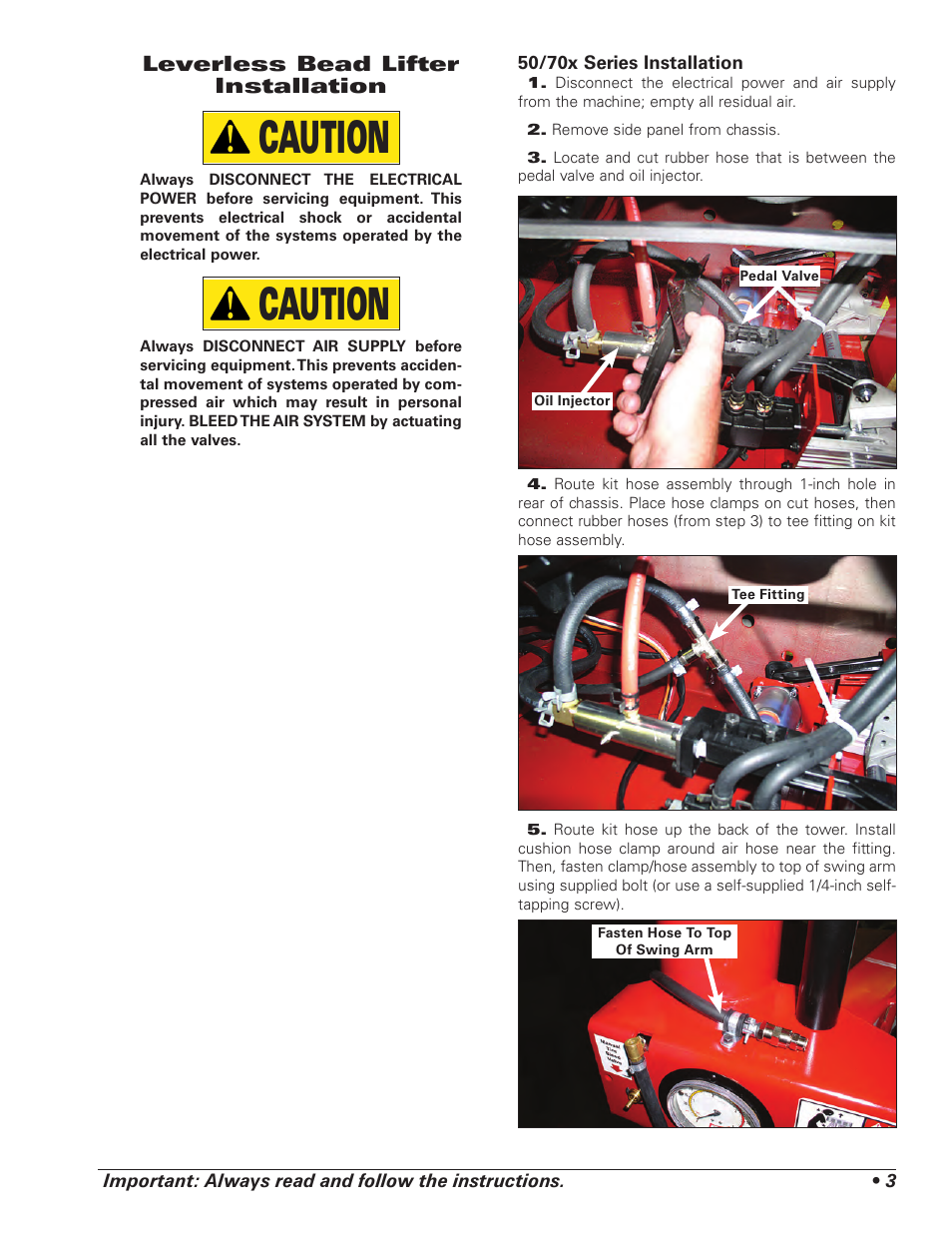 Caution, Leverless bead lifter installation | COATS Kit 85606689 Leverless Bead Lifter User Manual | Page 3 / 12