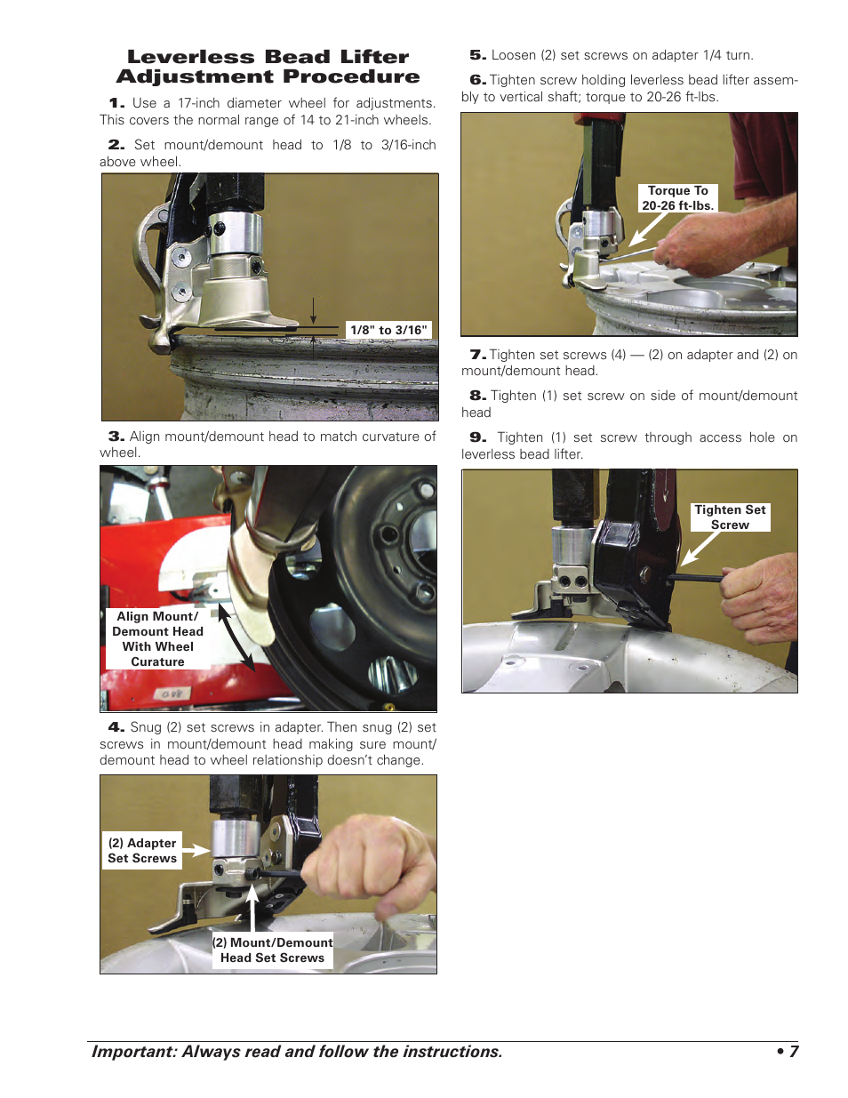 Leverless bead lifter adjustment procedure | COATS Kit 85606689 Leverless Bead Lifter User Manual | Page 7 / 12