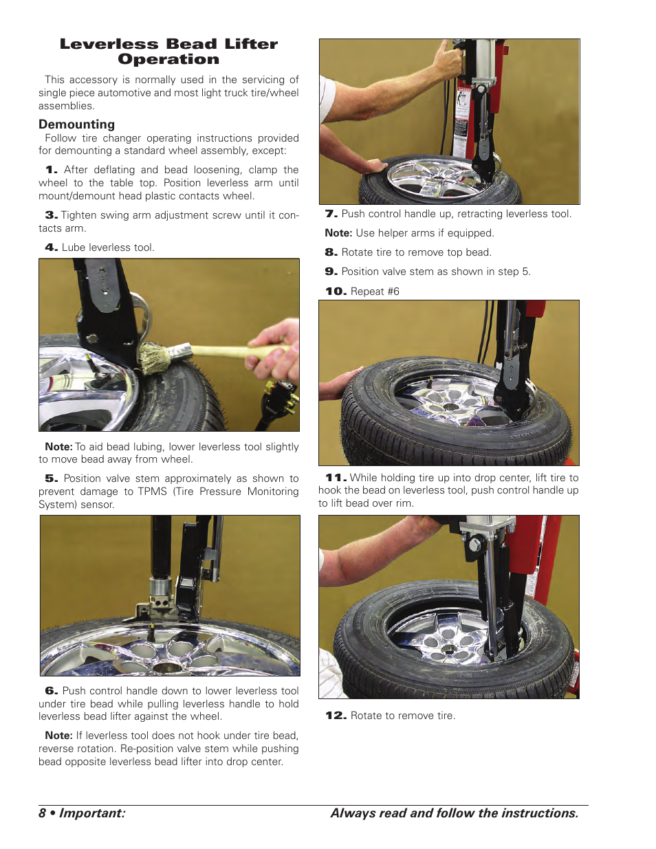 Leverless bead lifter operation | COATS Kit 85606689 Leverless Bead Lifter User Manual | Page 8 / 12