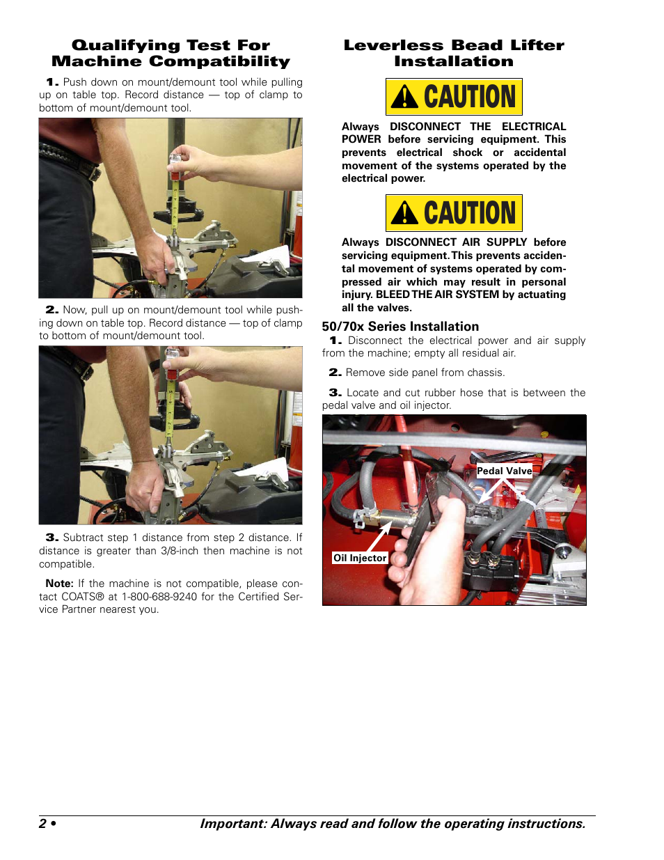 Caution, Qualifying test for machine compatibility, Leverless bead lifter installation | COATS Kit 85607471 Leverless Bead Lifter User Manual | Page 2 / 12