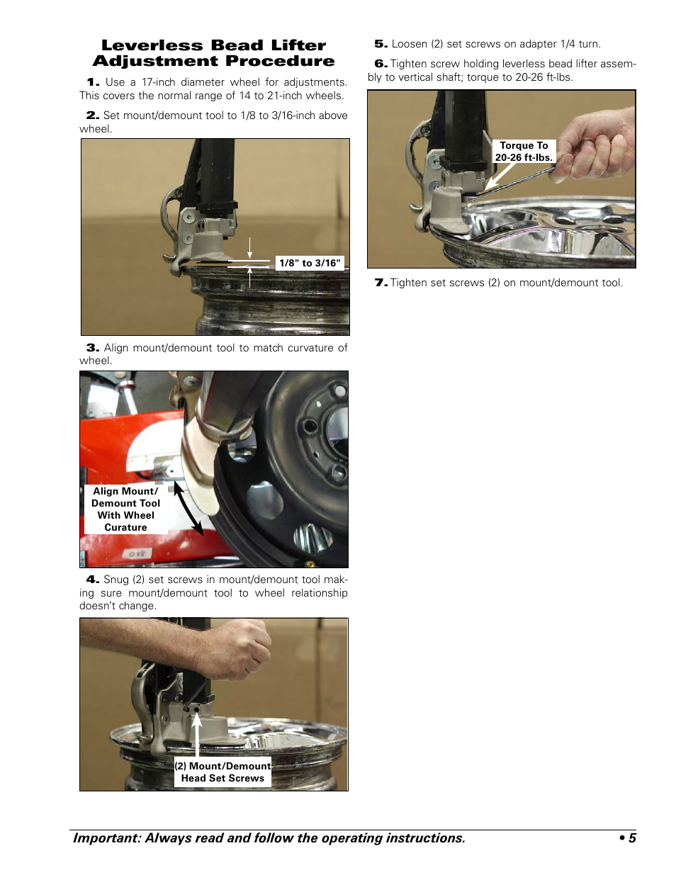 Leverless bead lifter adjustment procedure | COATS Kit 85607471 Leverless Bead Lifter User Manual | Page 5 / 12