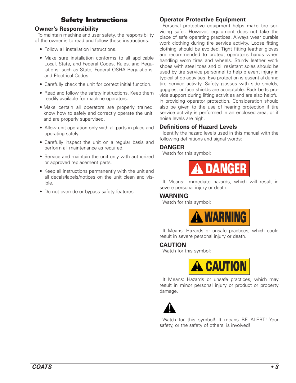 Warning, Danger, Caution | Safety instructions | COATS Kit 85607770 Tire Inflation Cage User Manual | Page 3 / 12