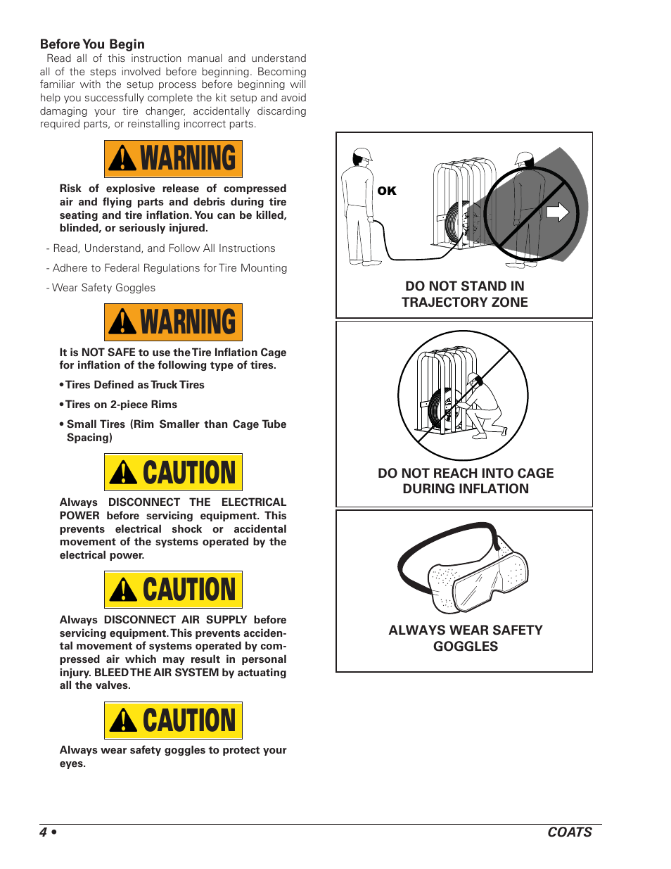 Warning, Caution | COATS Kit 85607770 Tire Inflation Cage User Manual | Page 4 / 12