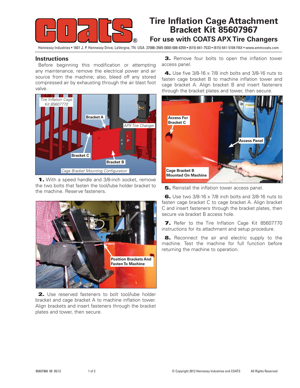 COATS Kit 85607967 Inflation Cage Bracket User Manual | 2 pages