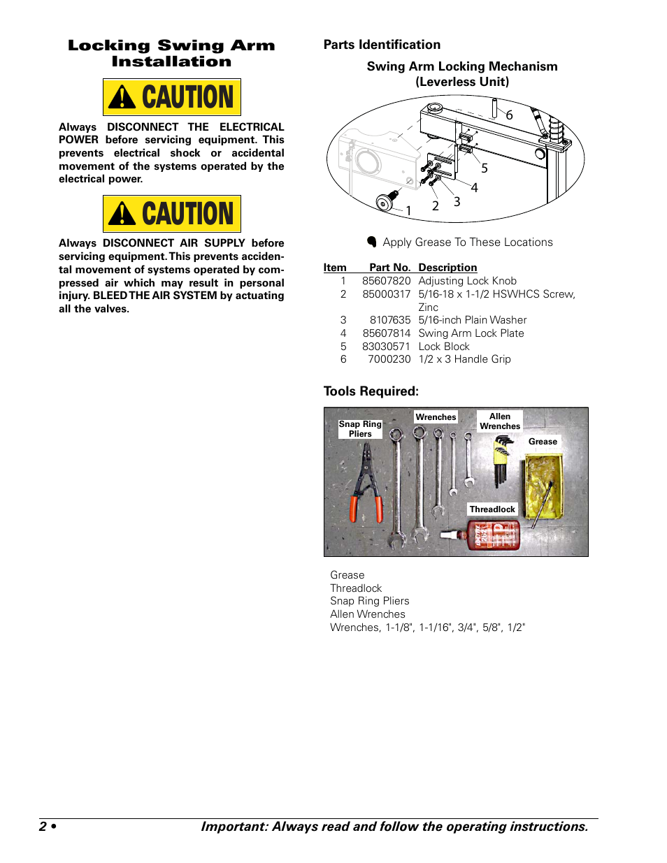 Caution, Locking swing arm installation | COATS Kit 85607983 Locking Swing Arm User Manual | Page 2 / 4