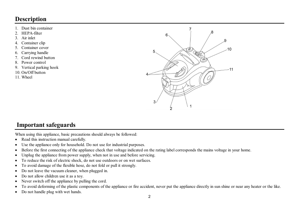 Description, Important safeguards | Hyundai H-VC1086 User Manual | Page 2 / 9