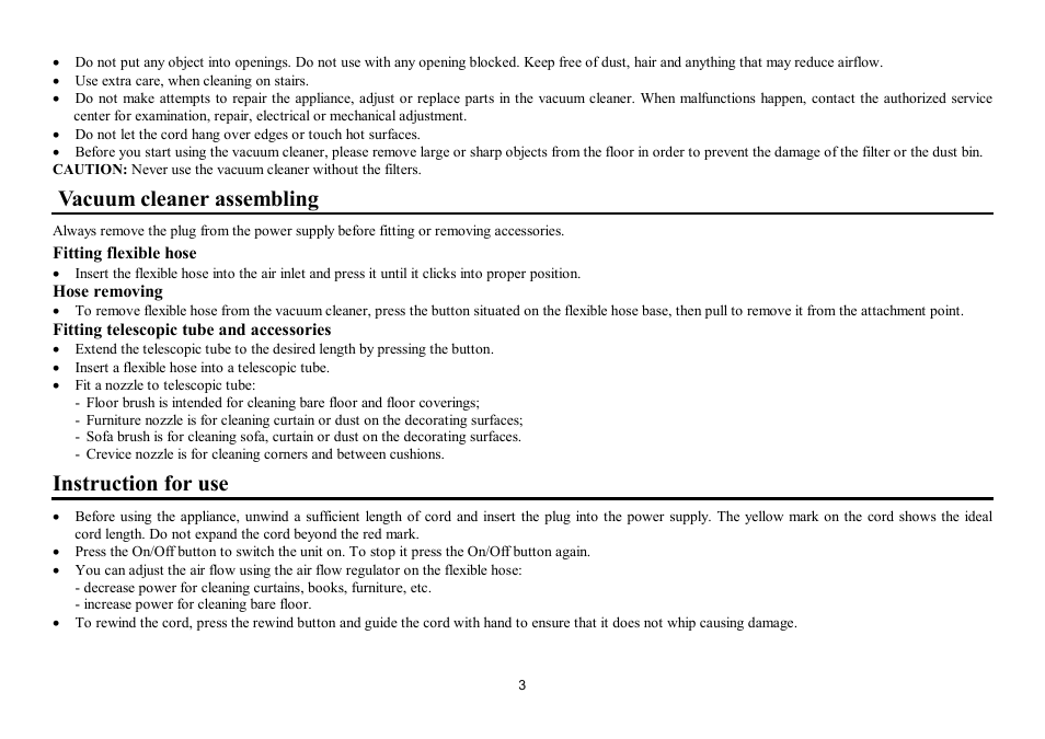 Vacuum cleaner assembling, Instruction for use | Hyundai H-VC1086 User Manual | Page 3 / 9