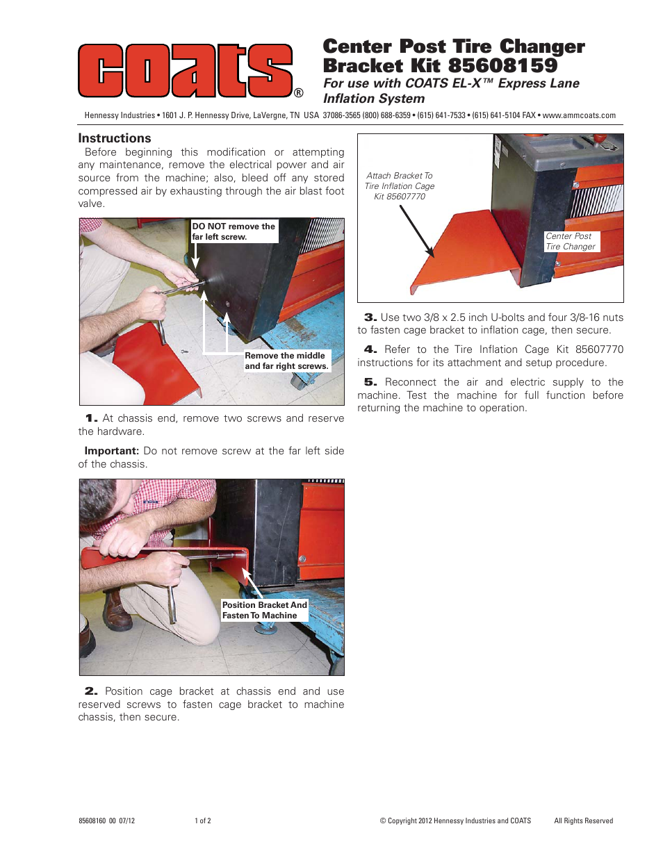 COATS Kit 85608159 Inflation Cage Bracket User Manual | 2 pages