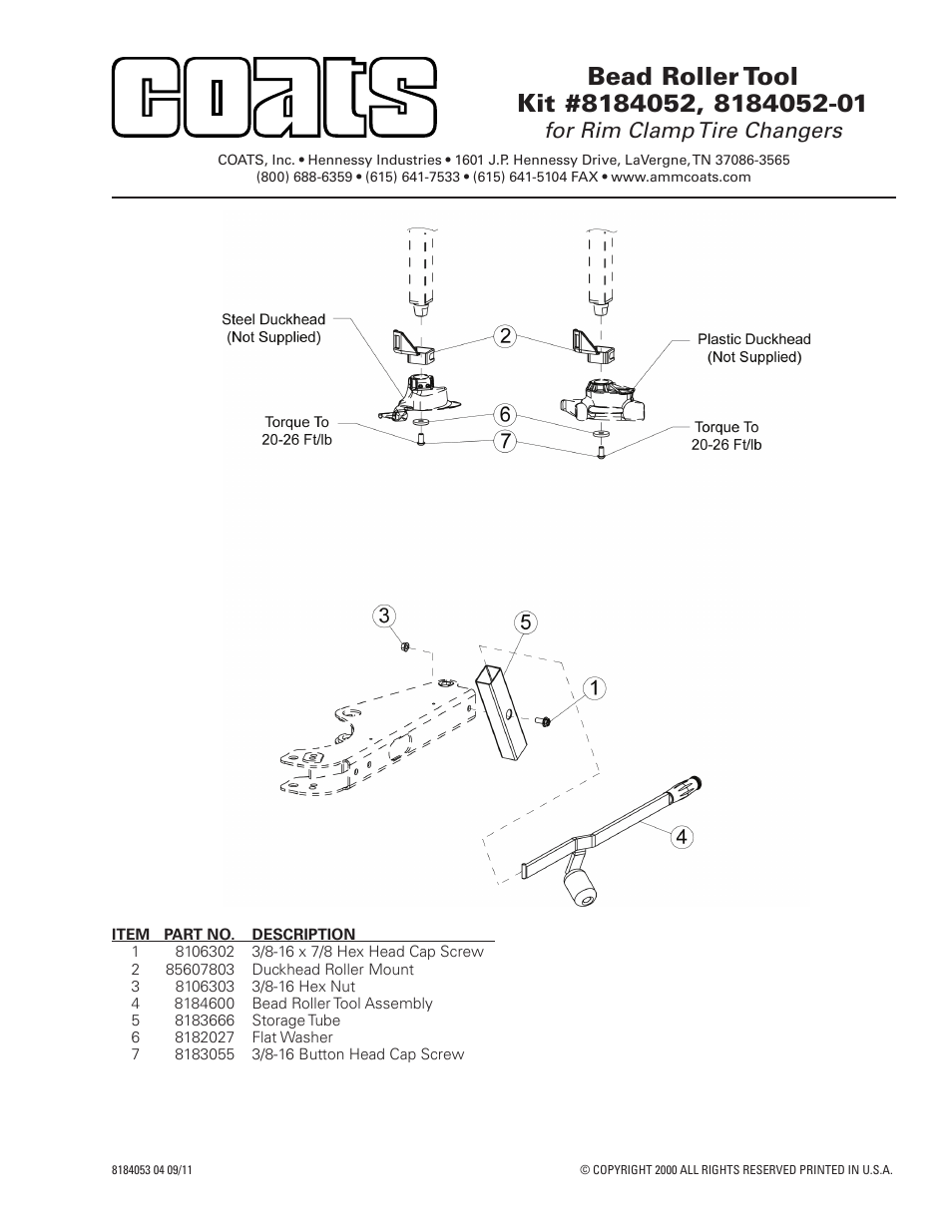 COATS Kits 8184052, 8184052-1, Bead Roller Tool User Manual | 1 page