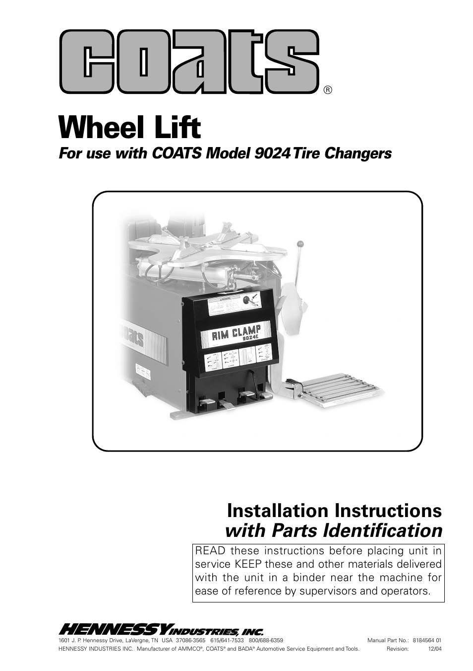 COATS Wheel Lift for use with 9024E Rim Clamp Tire Changer User Manual | 8 pages