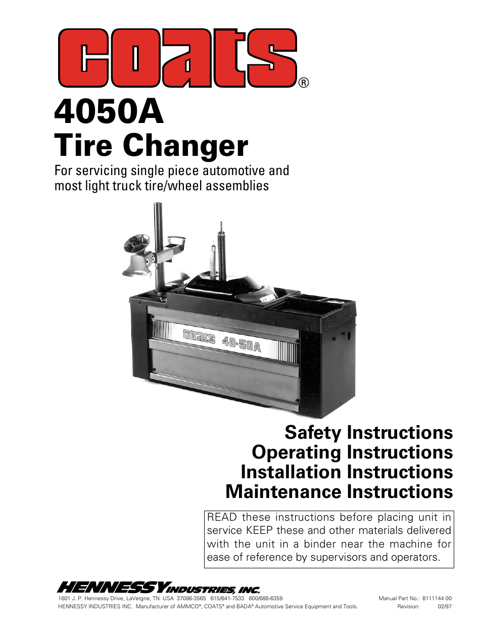 COATS 4050A Tire Changer User Manual | 16 pages