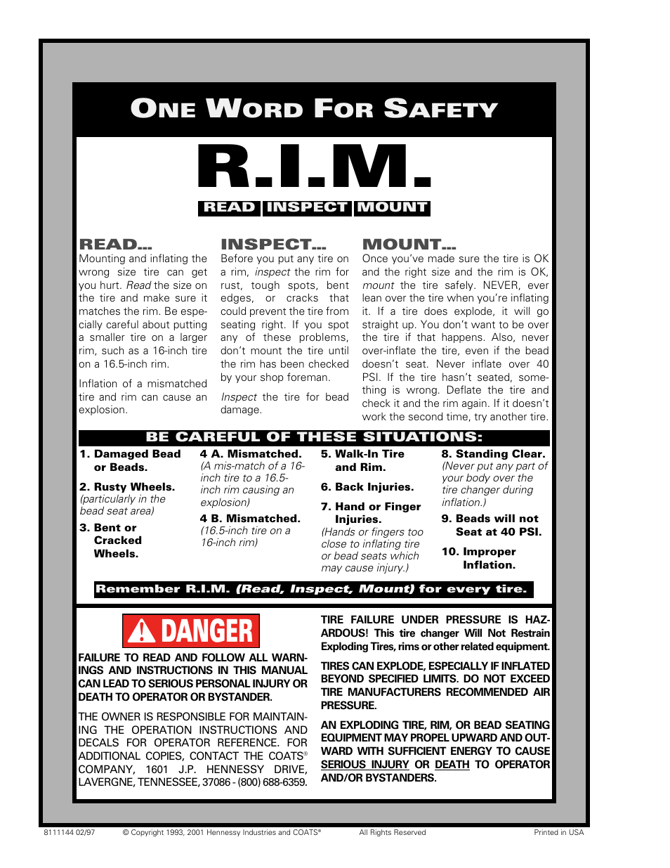 R.i.m, Danger, Afety | COATS 4050A Tire Changer User Manual | Page 16 / 16