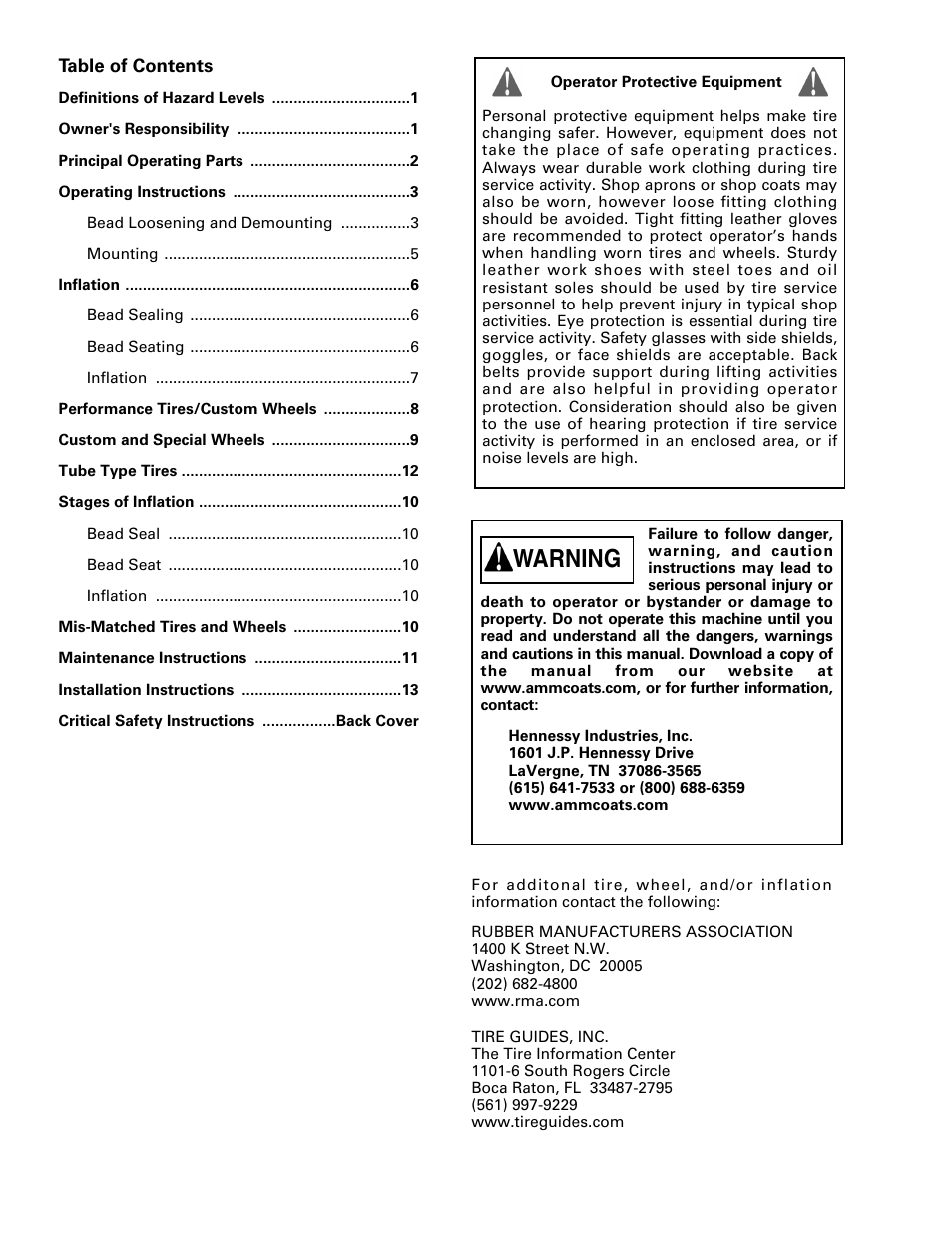 Warning | COATS 4050A Tire Changer User Manual | Page 2 / 16