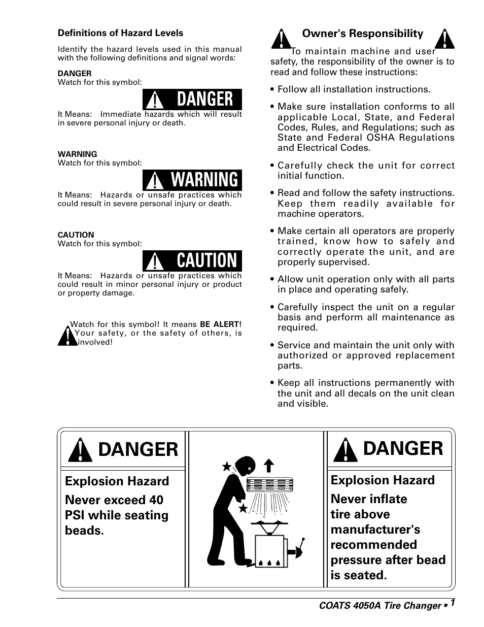 Caution, Warning, Danger | COATS 4050A Tire Changer User Manual | Page 3 / 16