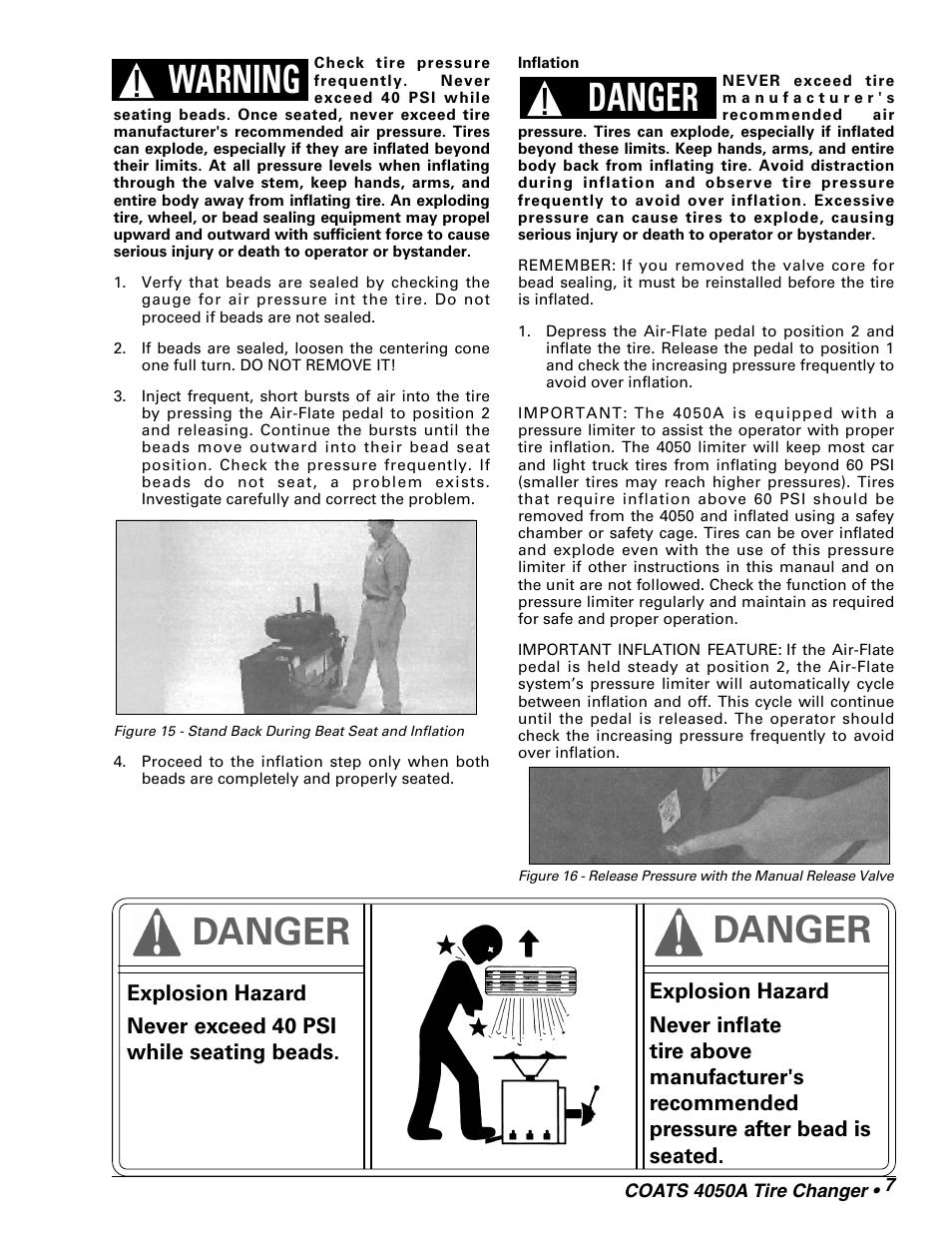 Warning, Danger | COATS 4050A Tire Changer User Manual | Page 9 / 16