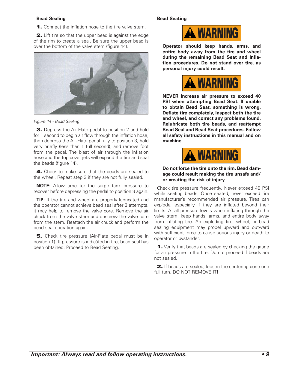 Warning | COATS 4070 Tire Changer User Manual | Page 13 / 24