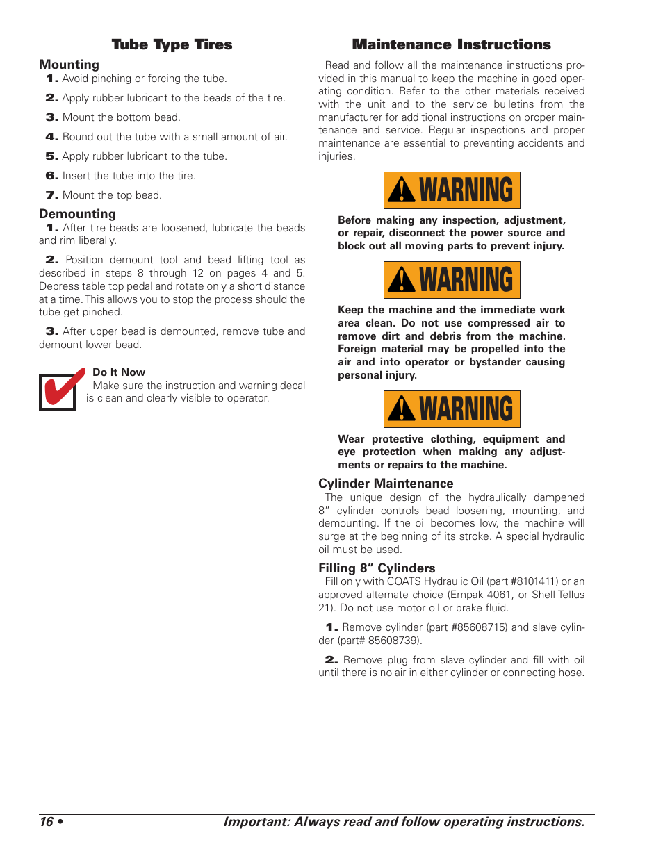 Warning | COATS 4070 Tire Changer User Manual | Page 20 / 24