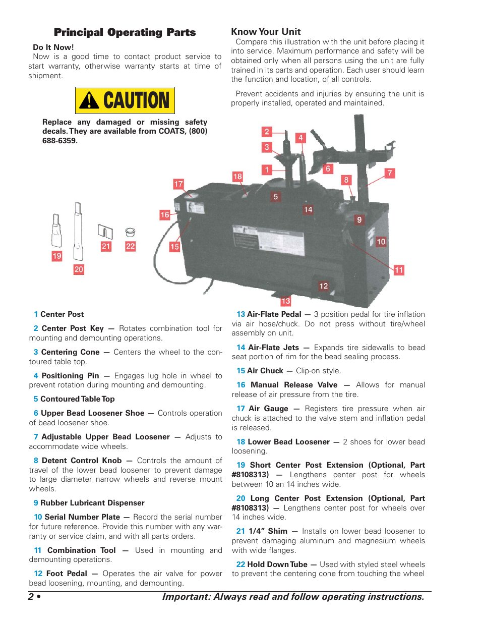Caution, Principal operating parts | COATS 4070 Tire Changer User Manual | Page 6 / 24