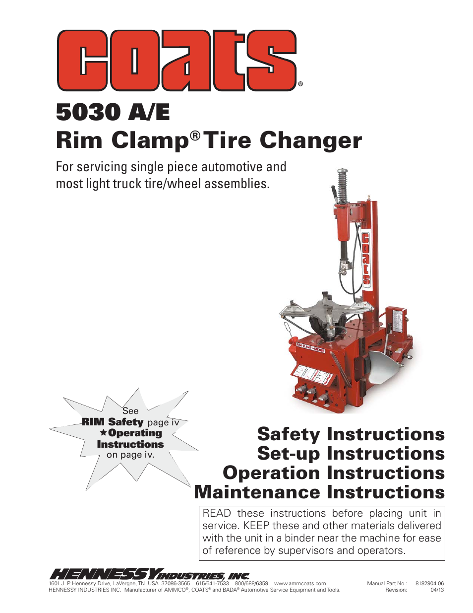 COATS 5030 A/E Tire Changer User Manual | 24 pages