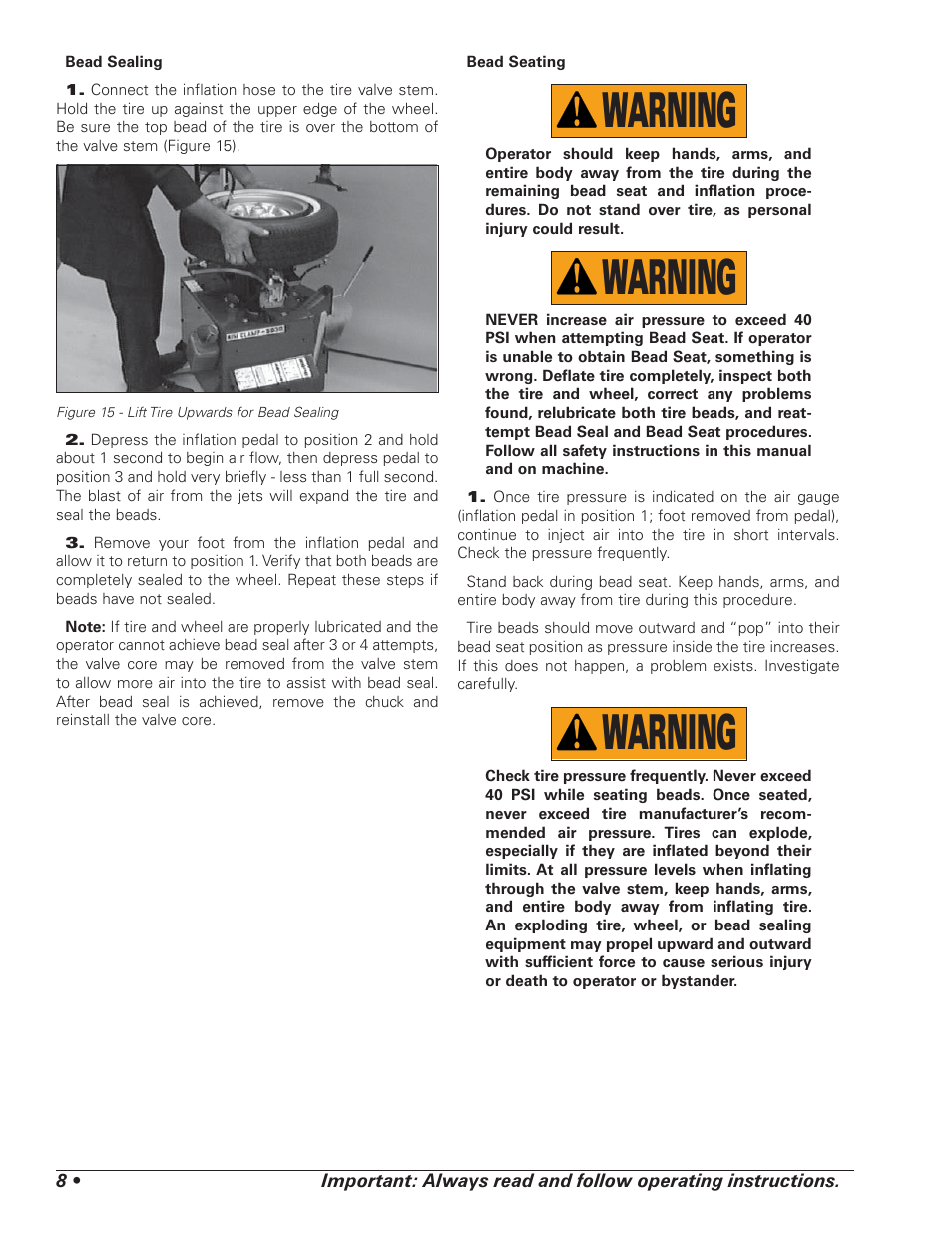 Warning | COATS 5030 A/E Tire Changer User Manual | Page 12 / 24