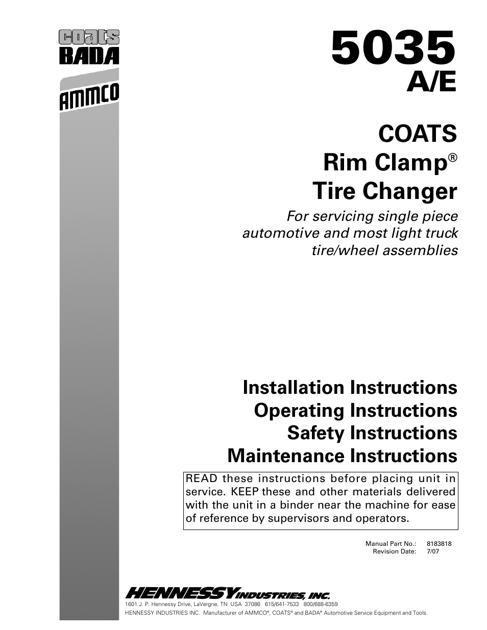 COATS 5035 A/E Tire Changer User Manual | 18 pages