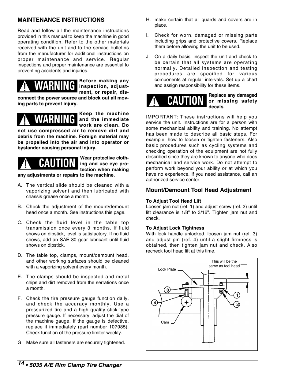 Warning, Caution | COATS 5035 A/E Tire Changer User Manual | Page 16 / 18