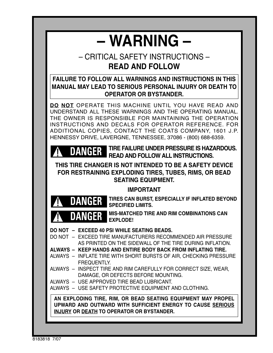 Warning, Danger | COATS 5035 A/E Tire Changer User Manual | Page 18 / 18