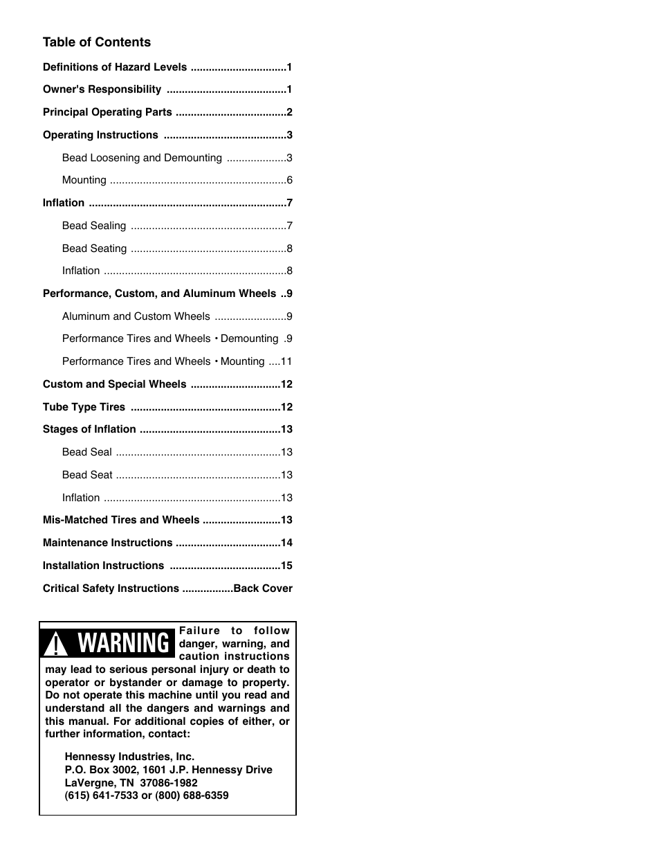 Warning | COATS 5035 A/E Tire Changer User Manual | Page 2 / 18