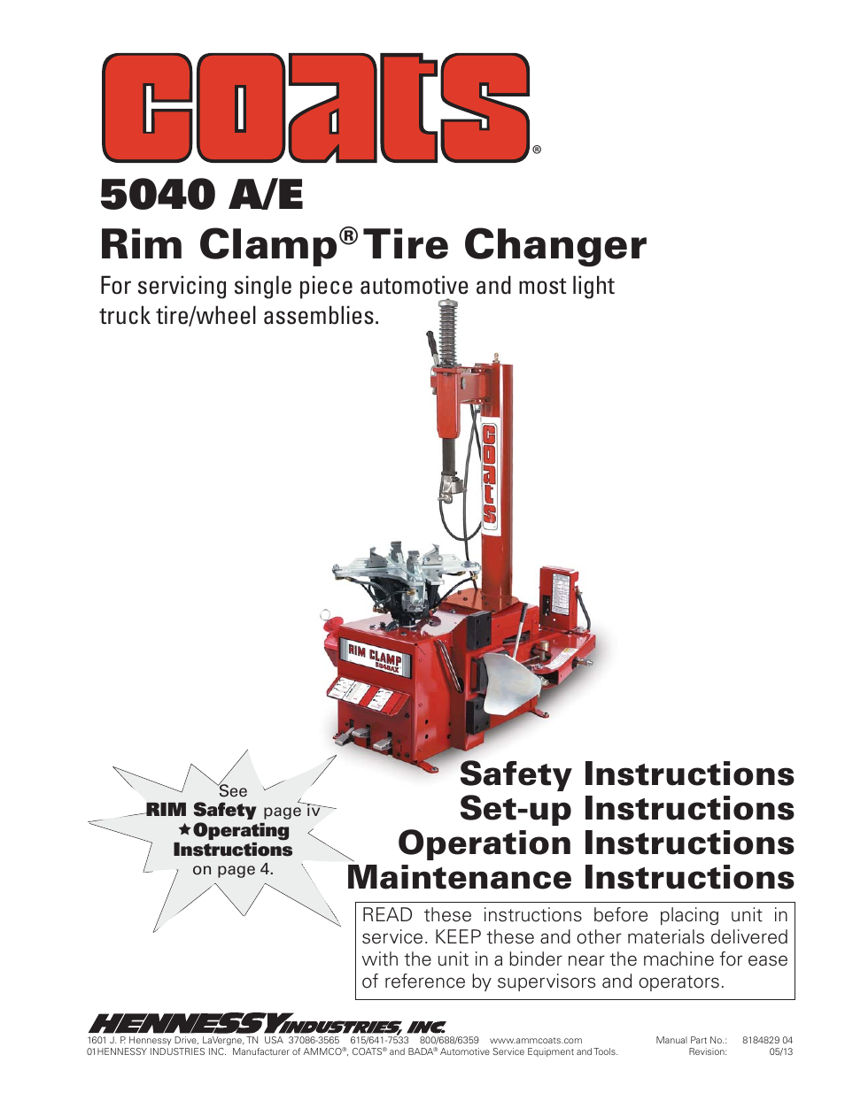 COATS 5040 A/E Tire Changer User Manual | 28 pages