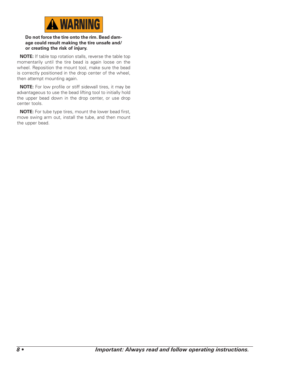 Warning | COATS 5040 A/E Tire Changer User Manual | Page 12 / 28