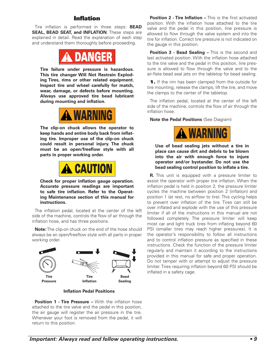 Warning, Danger, Caution | Infl ation | COATS 5040 A/E Tire Changer User Manual | Page 13 / 28