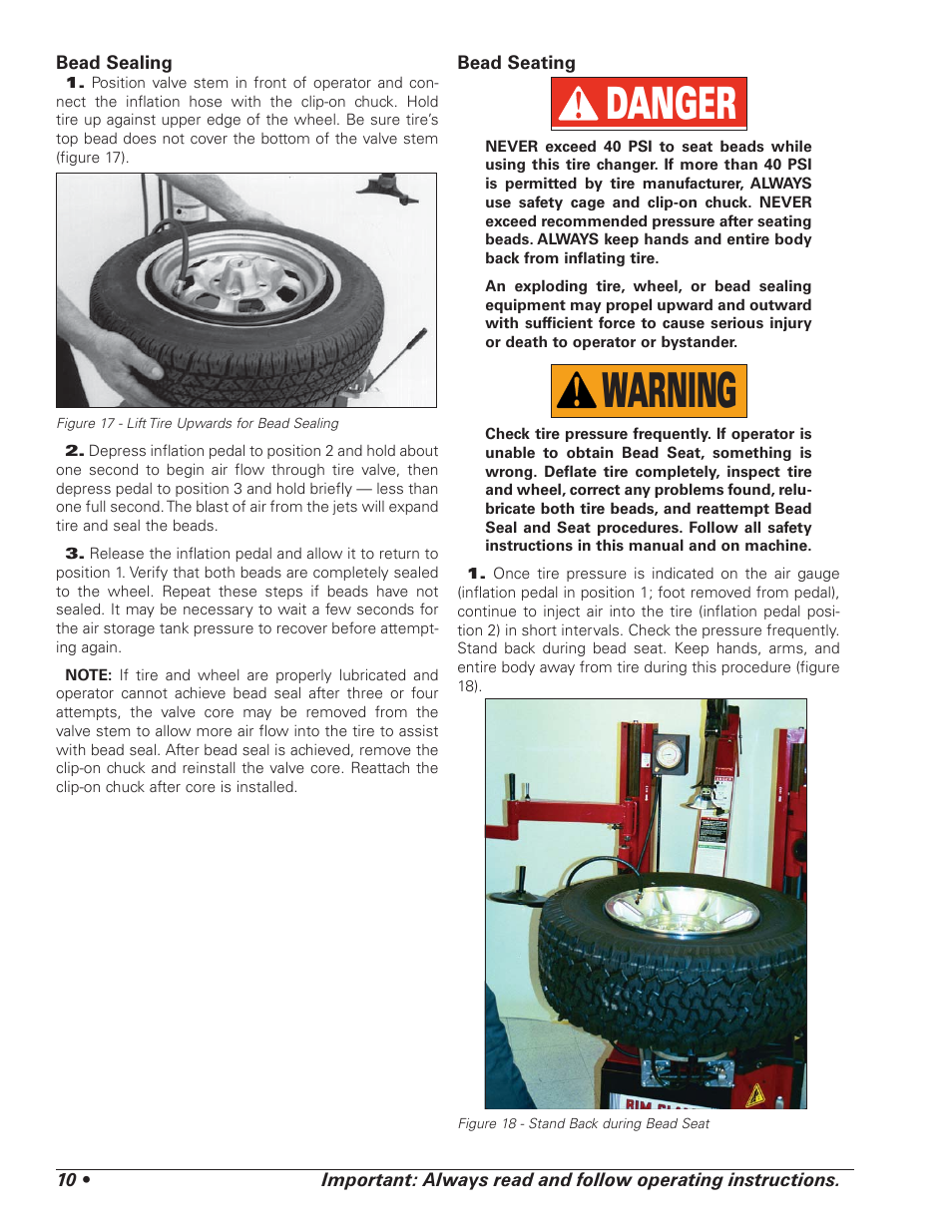 Warning, Danger | COATS 5040 A/E Tire Changer User Manual | Page 14 / 28